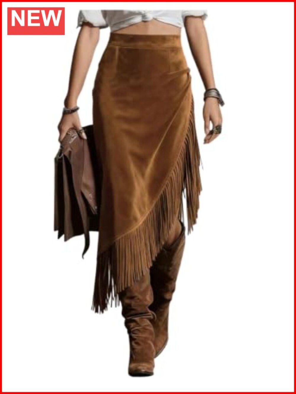 Faux Suede Fringe Asymmetrical Western Midi Skirt